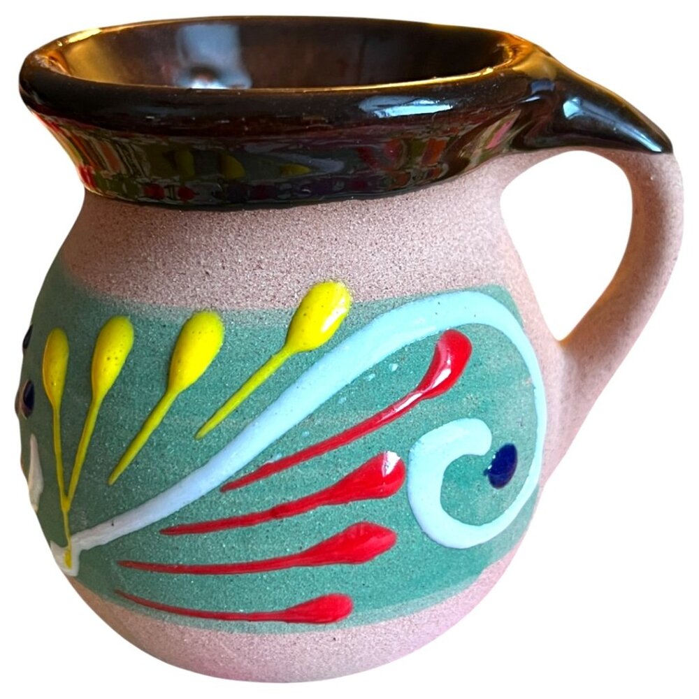 Collectible Mexican Clay Coffee Mug Hand-Painted Folk Art Floral Jarrito Pottery